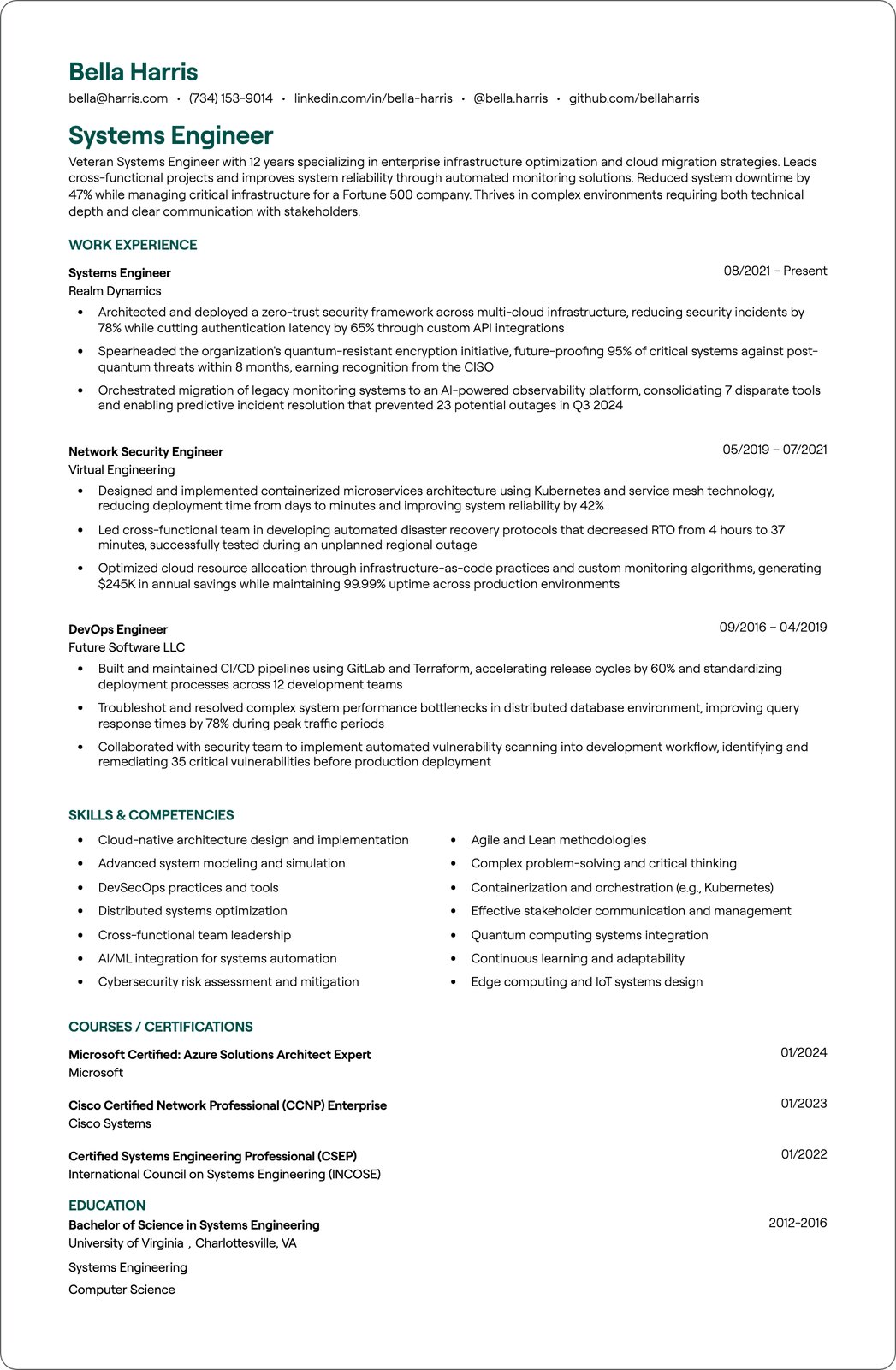 Systems Engineer resume example