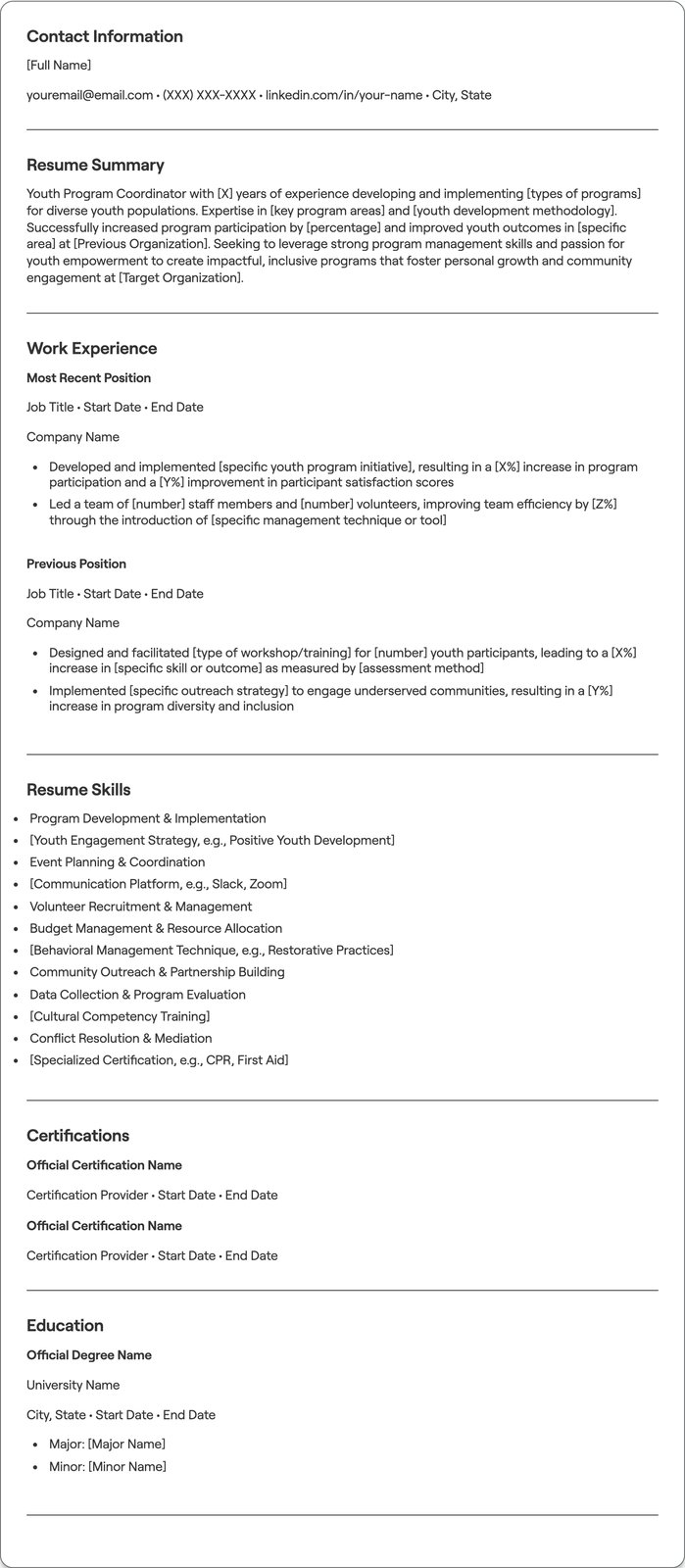Youth Program Coordinator resume example