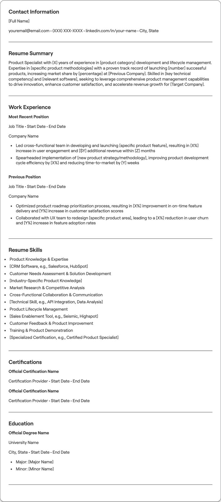 Product Specialist resume example