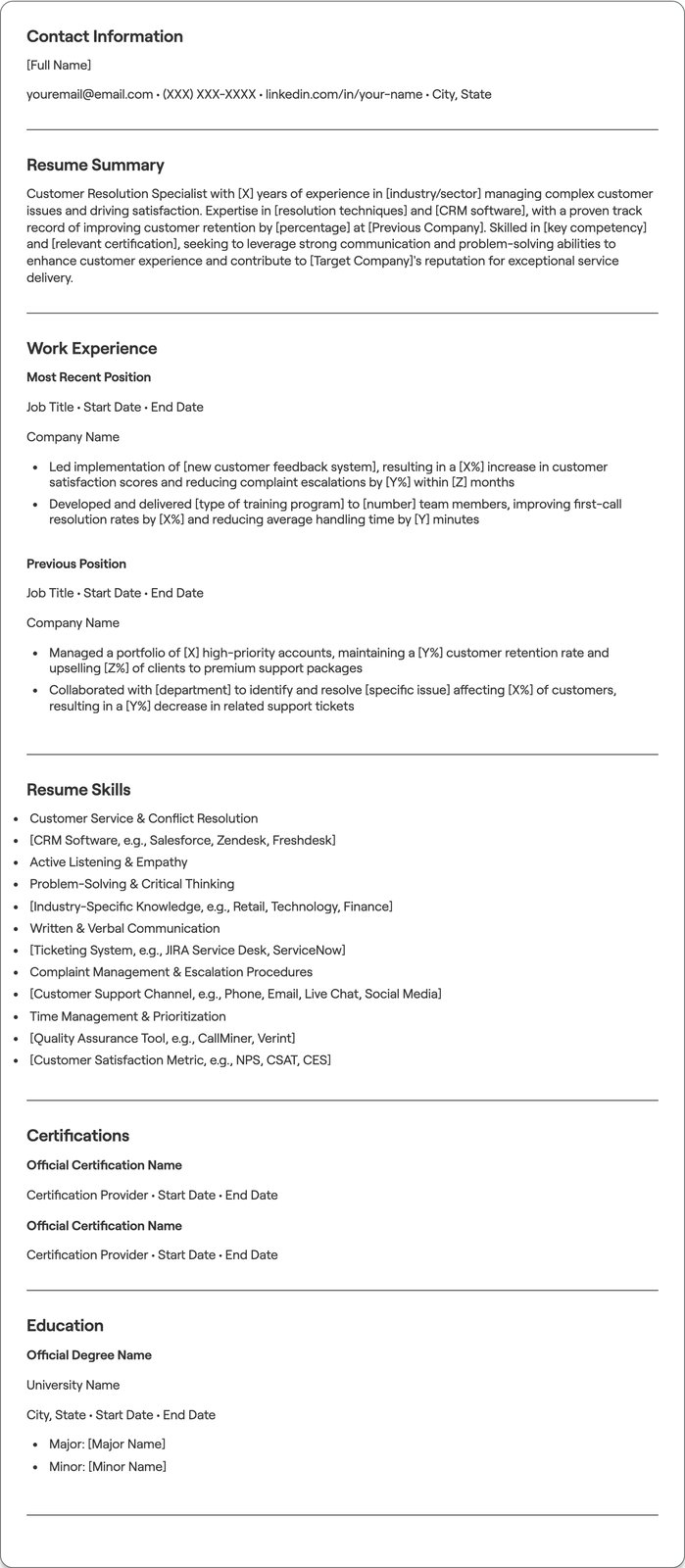 Customer Resolution Specialist resume example