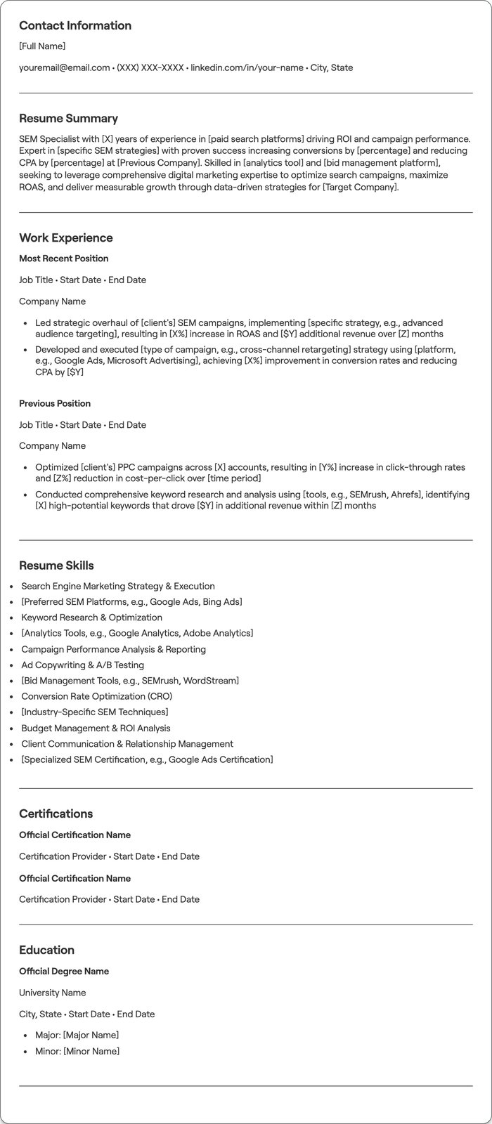 SEM Specialist resume example
