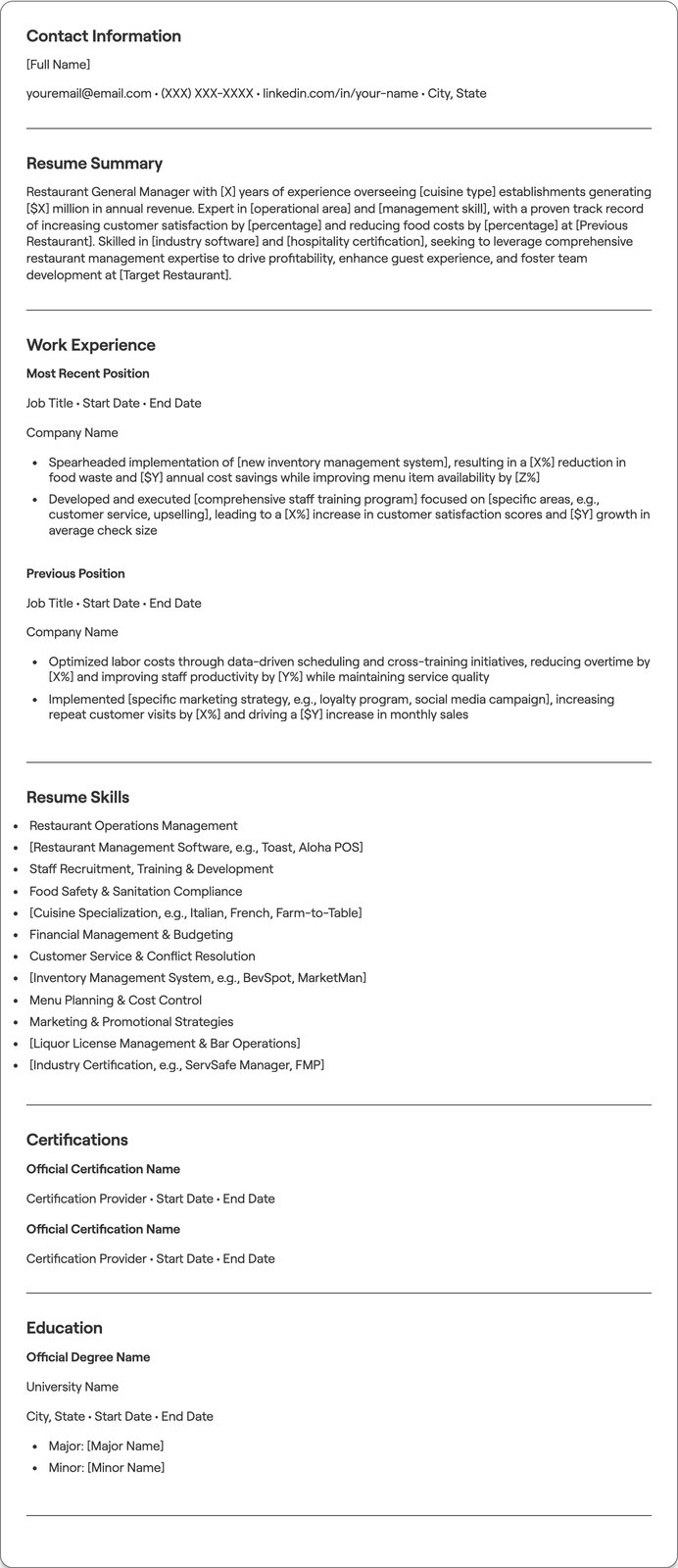 Restaurant General Manager resume example