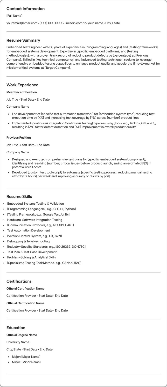 Embedded Test Engineer resume example