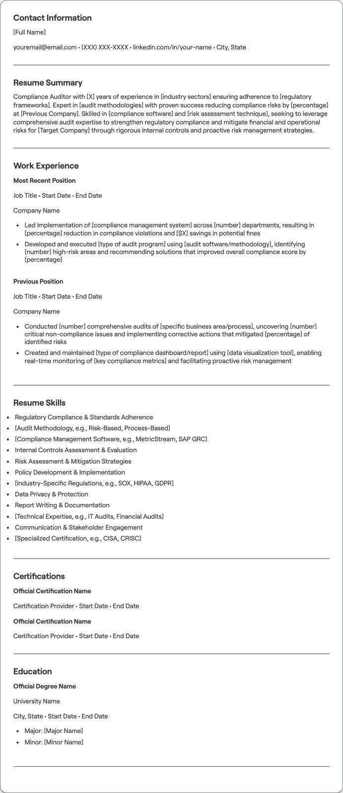 Compliance Auditor resume example