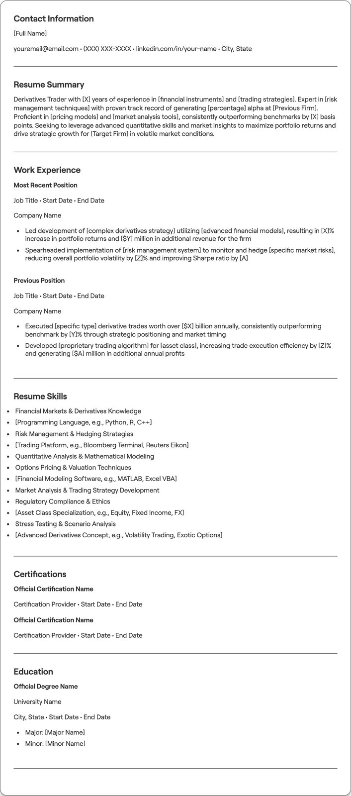 Derivatives Trader resume example