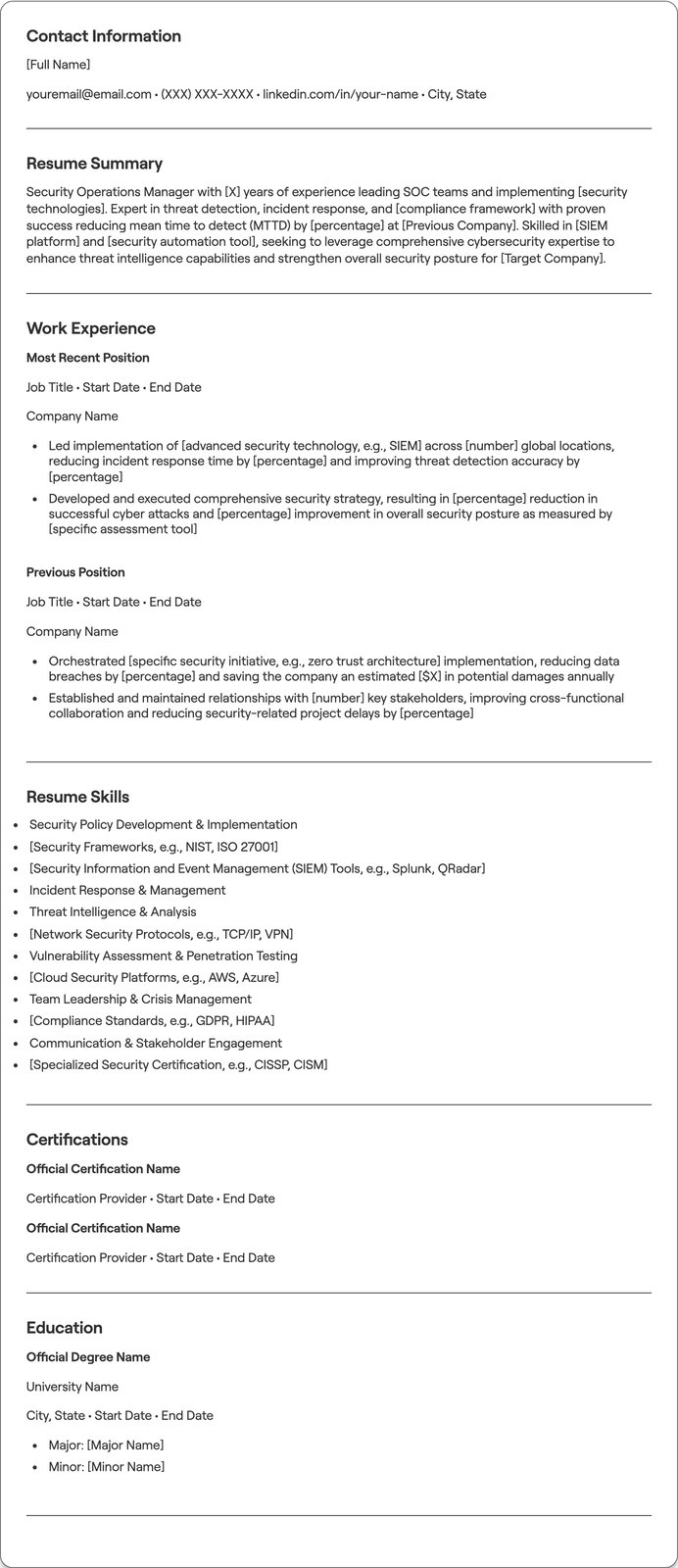 Security Operations Manager resume example