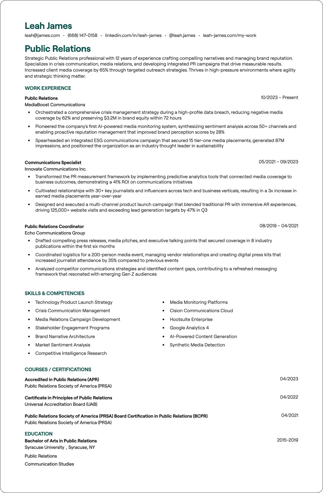 Public Relations Intern resume example