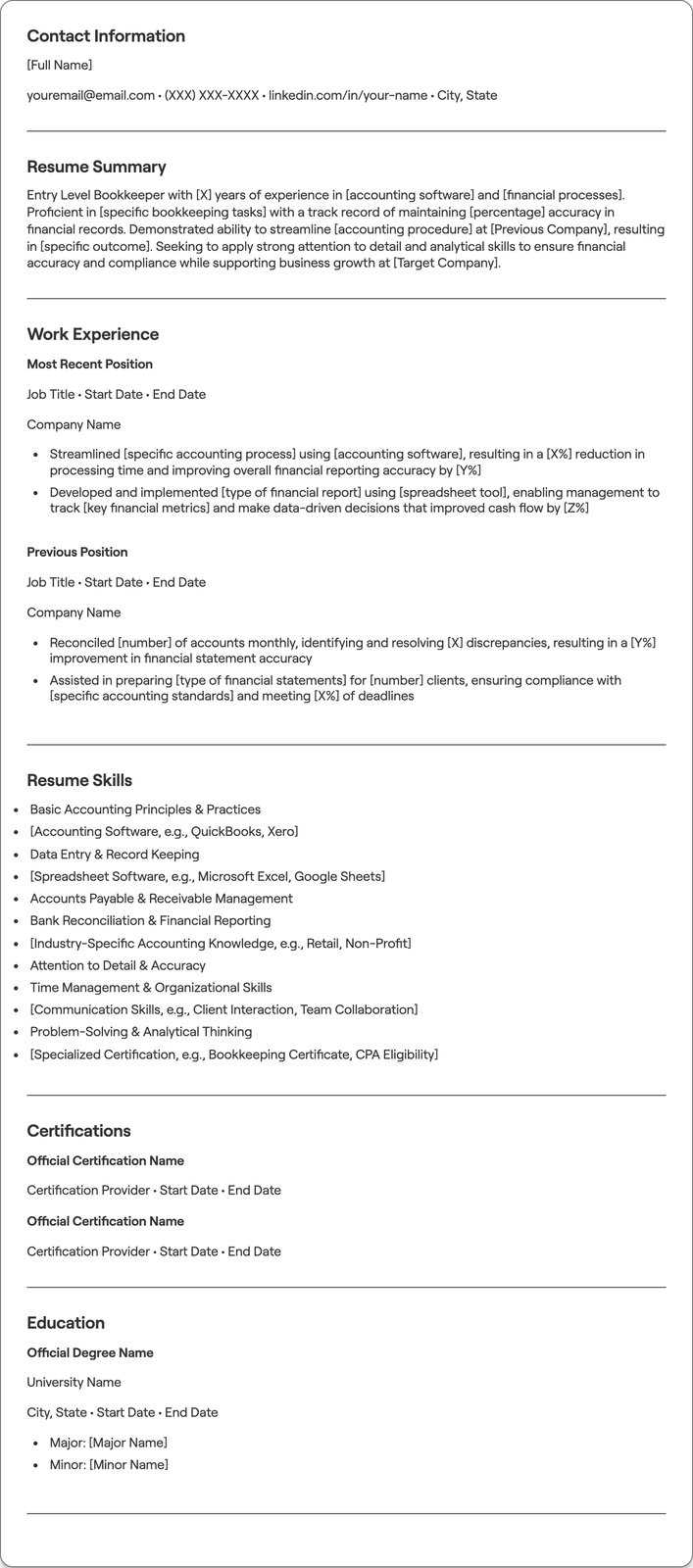 Entry Level Bookkeeper resume example