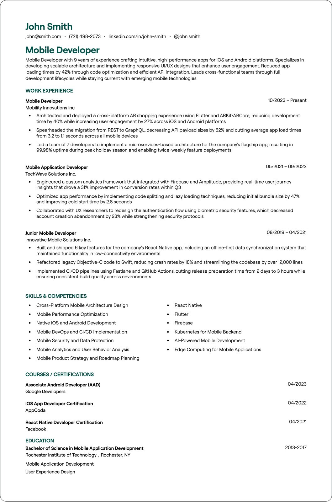 Mobile App Developer resume example