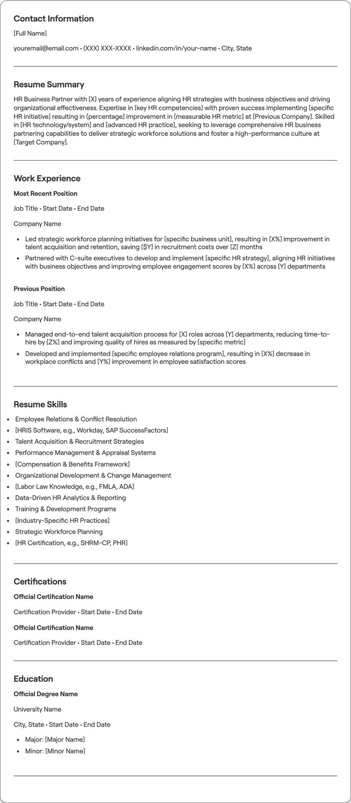 HR Business Partner resume example