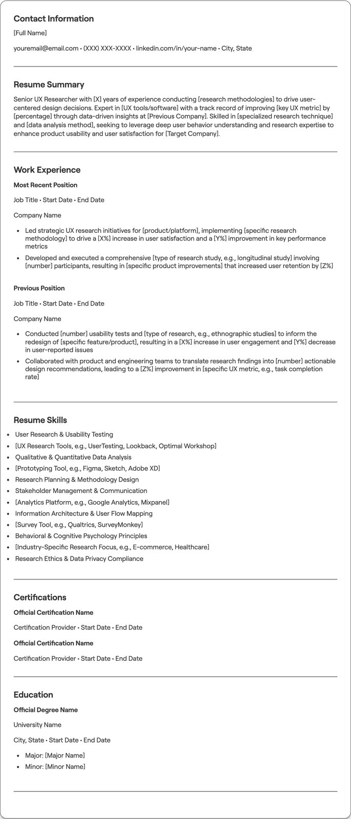Senior UX Researcher resume example