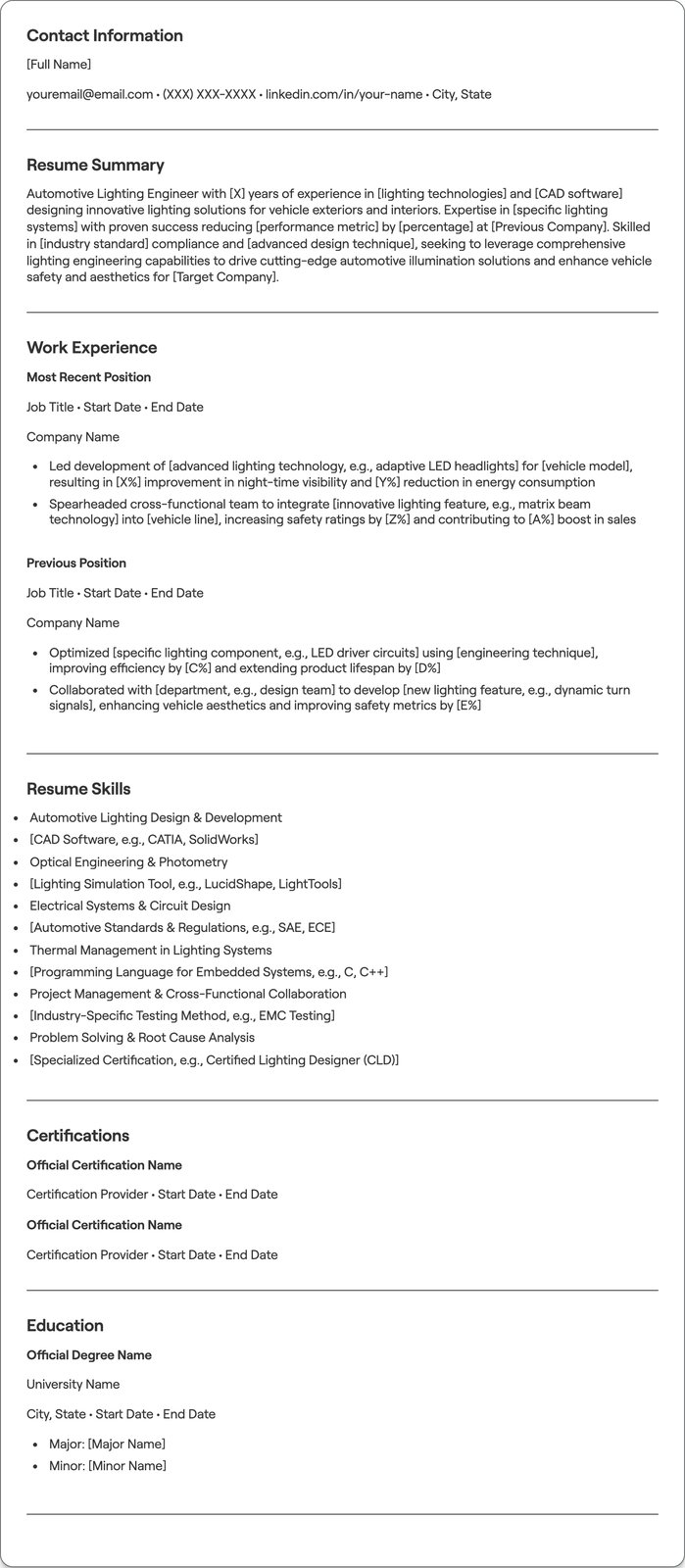 Automotive Lighting Engineer resume example