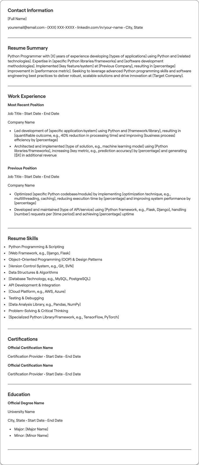 Python Programmer resume example
