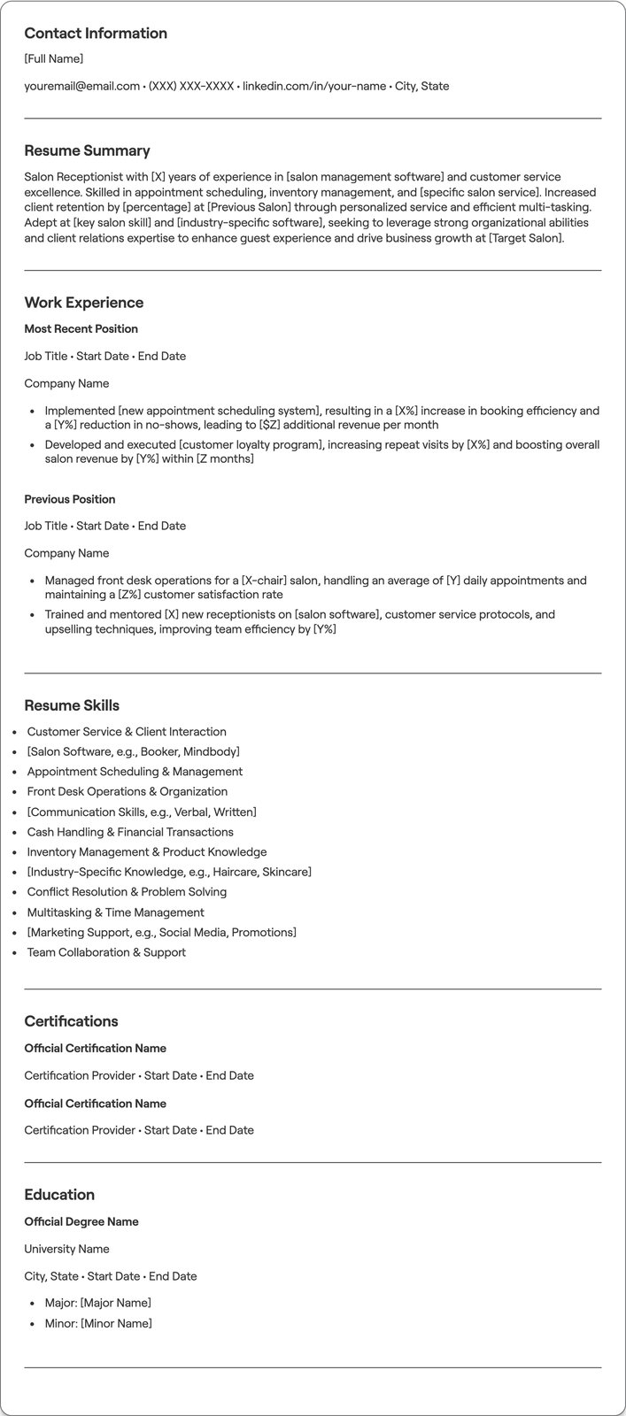 Salon Receptionist resume example