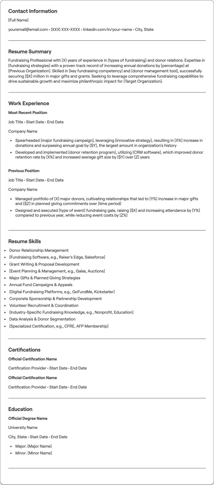 Fundraising resume example
