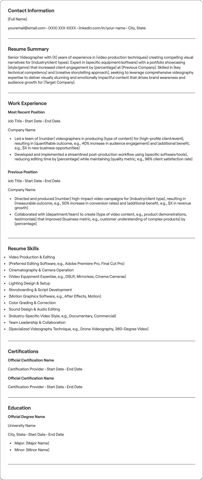 Senior Videographer resume example