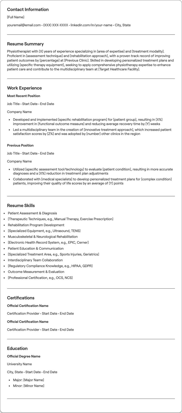 Physiotherapist resume example