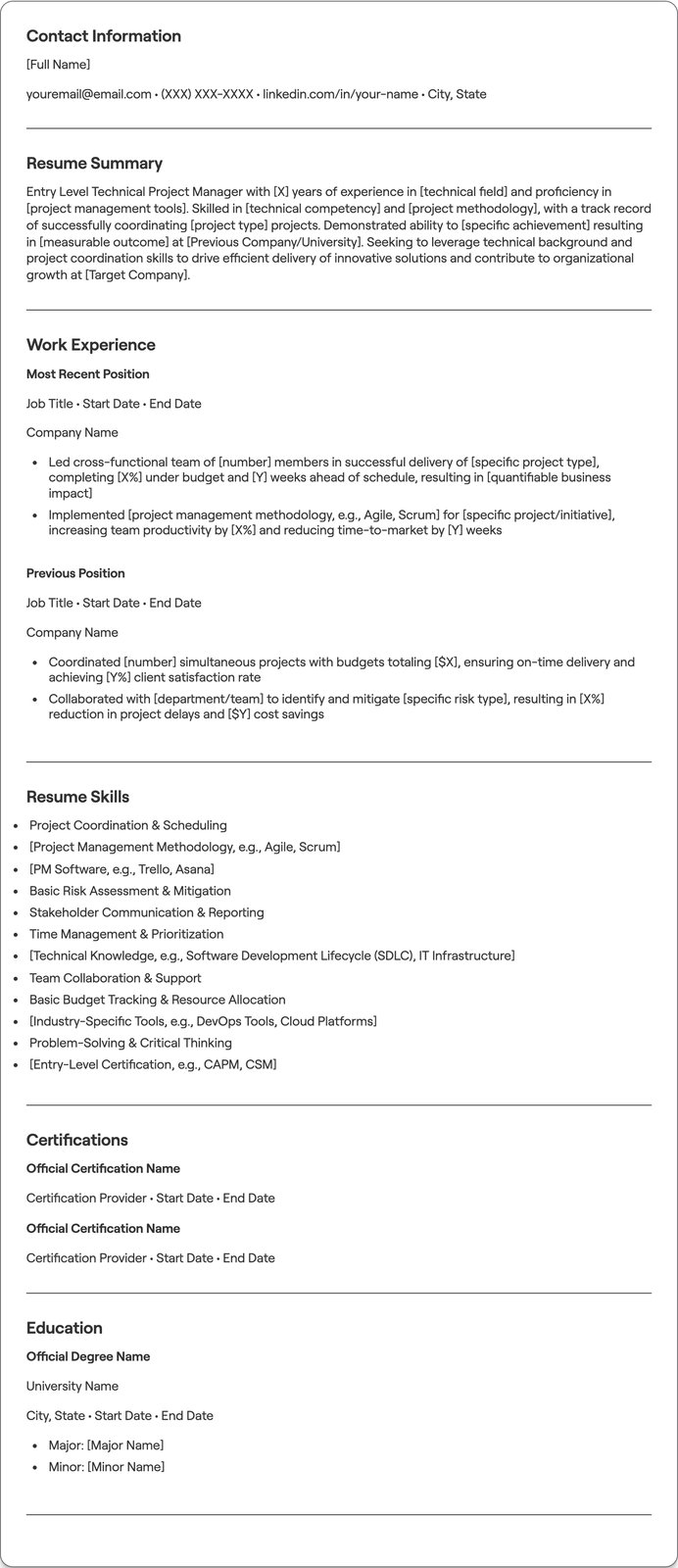 Entry Level Technical Project Manager resume example