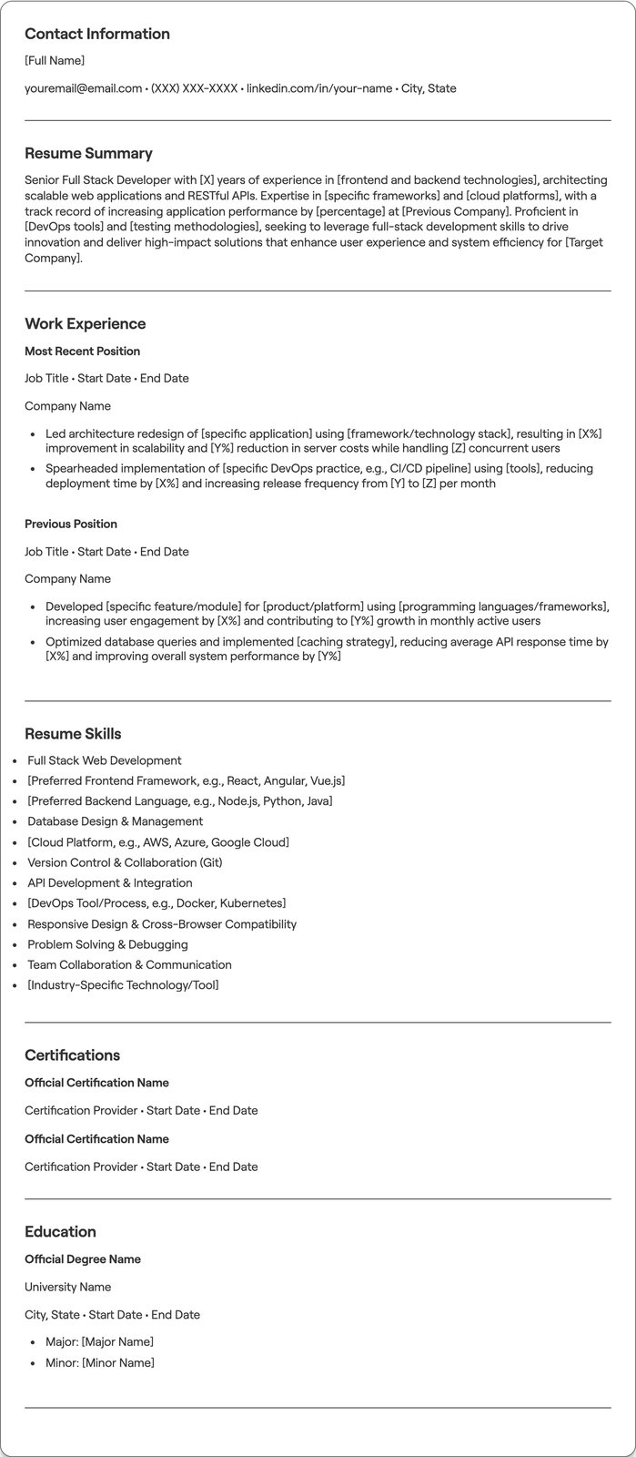 Senior Full Stack Developer resume example