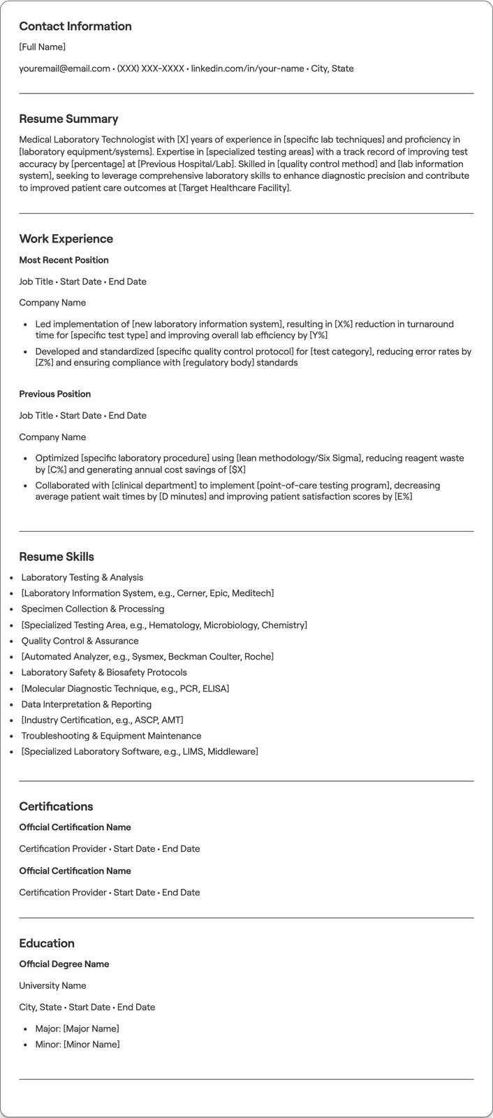 Medical Laboratory Technologist resume example
