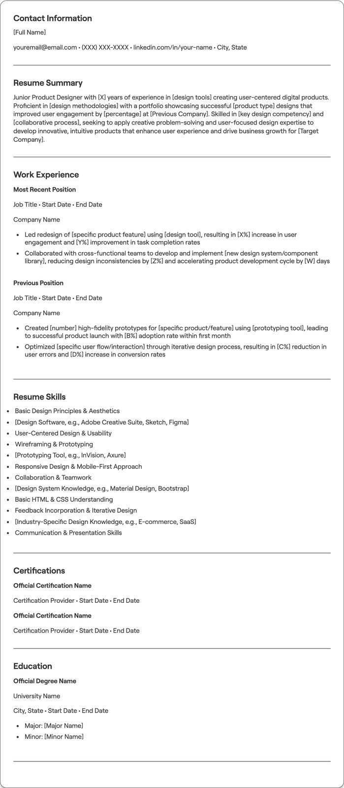 Junior Product Designer resume example