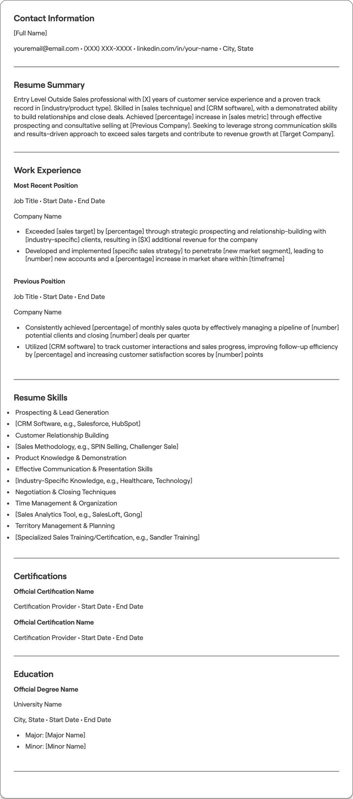 Entry Level Outside Sales resume example