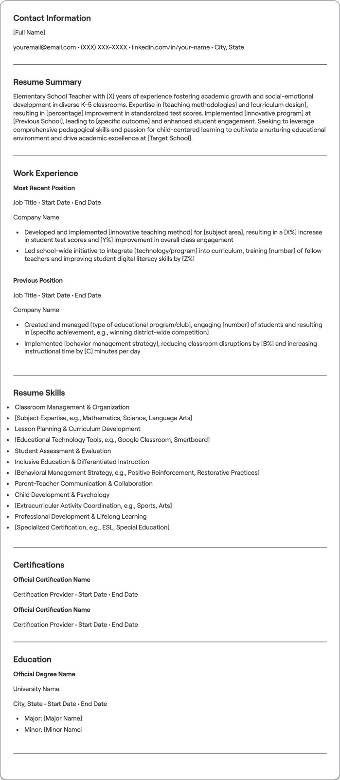 Elementary School Teacher resume example