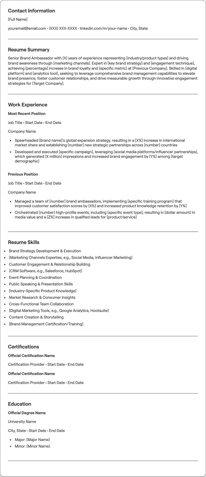 Senior Brand Ambassador resume example