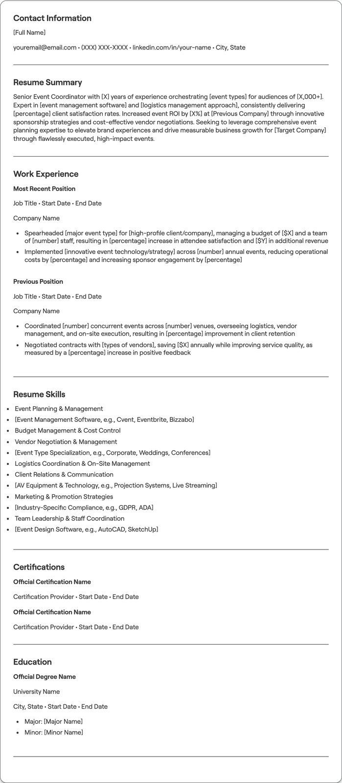 Senior Event Coordinator resume example
