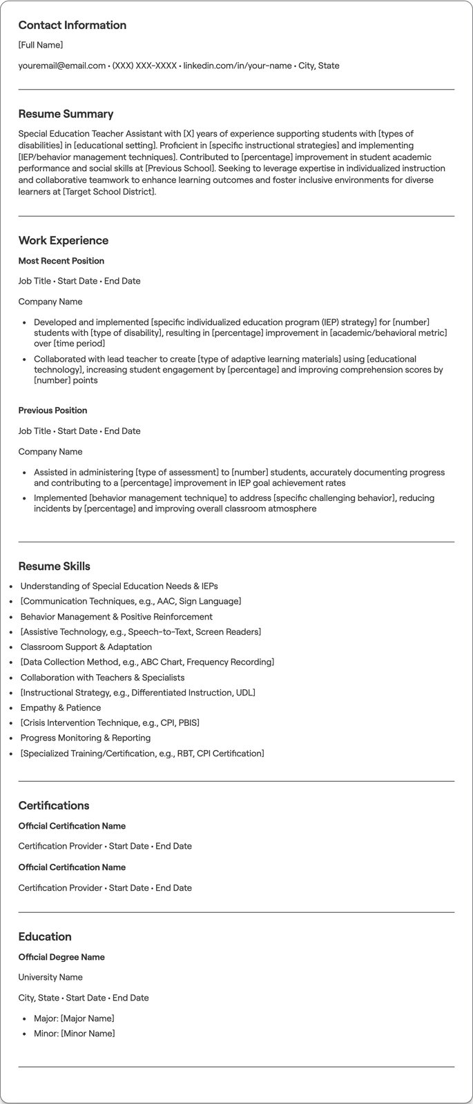 Special Education Teacher Assistant resume example