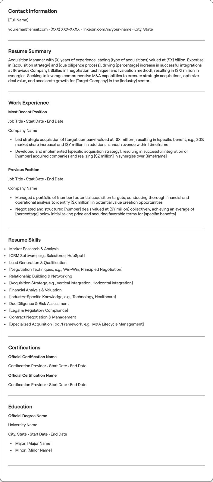 Acquisition Manager resume example