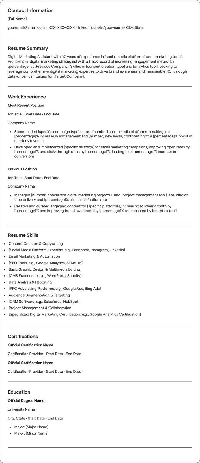 Digital Marketing Assistant resume example