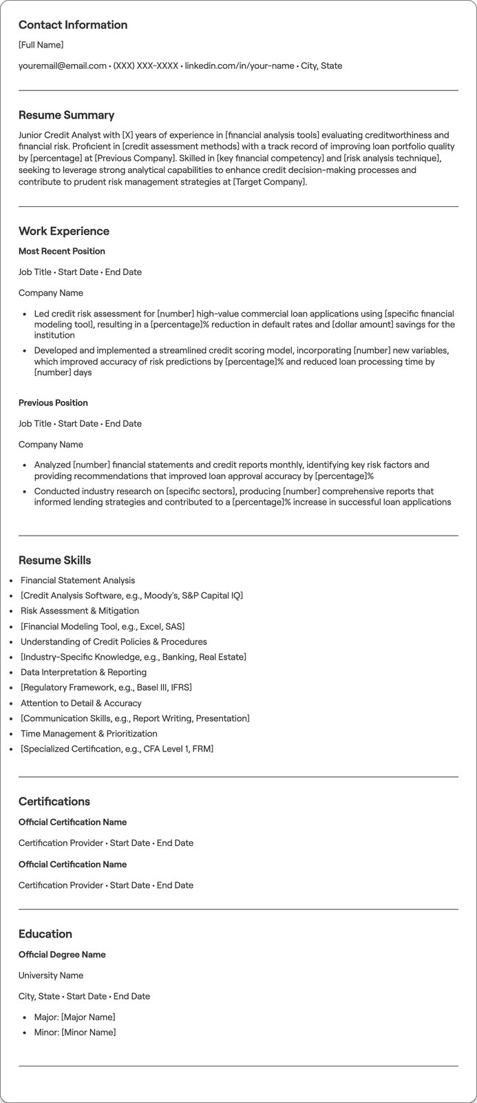 Junior Credit Analyst resume example