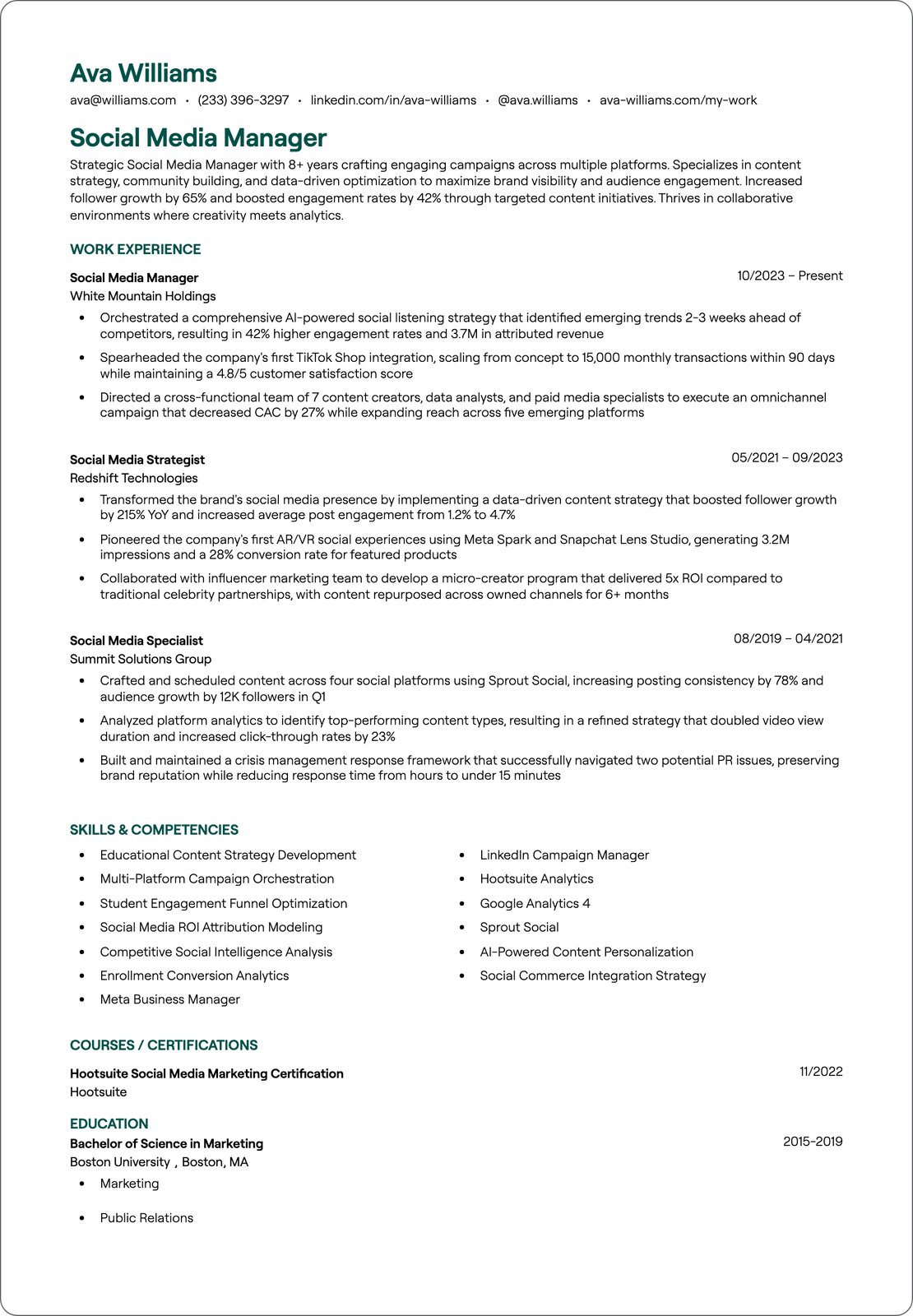 Social Media Marketing Manager resume example