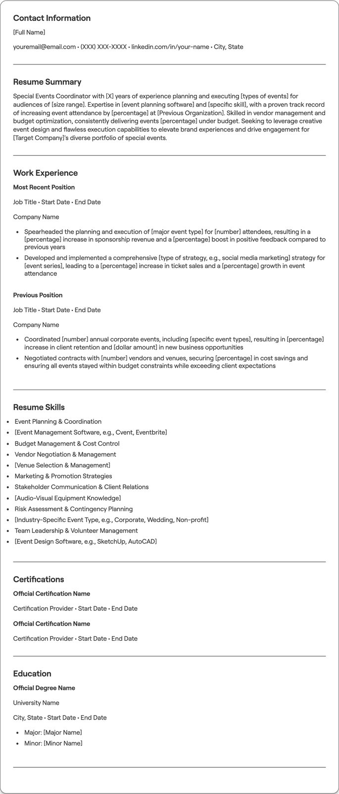 Special Events Coordinator resume example