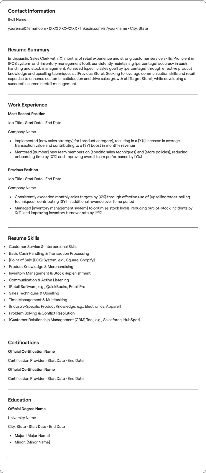 Beginner Sales Clerk resume example