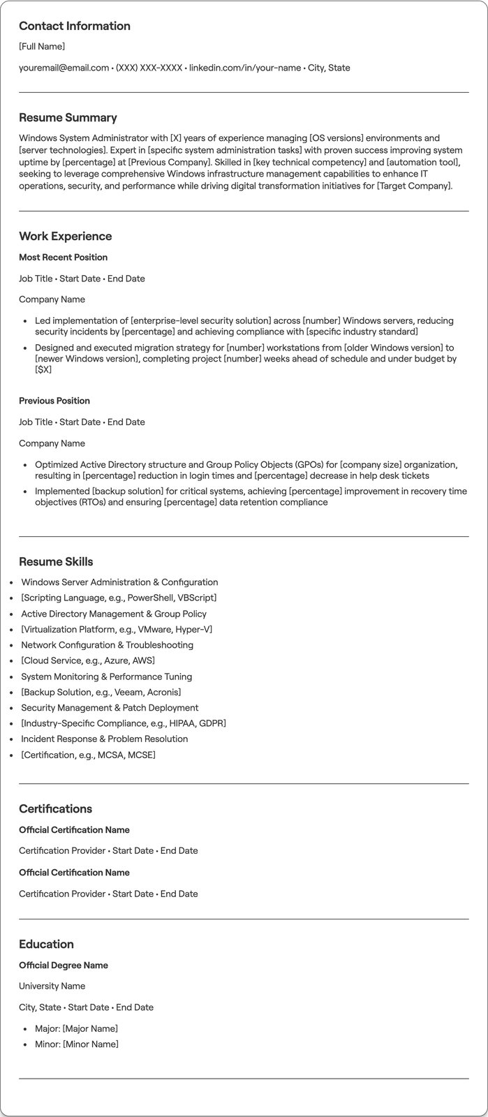 Windows System Administrator resume example