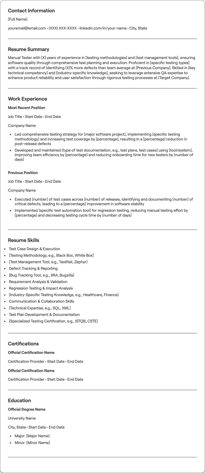 Manual Tester resume example