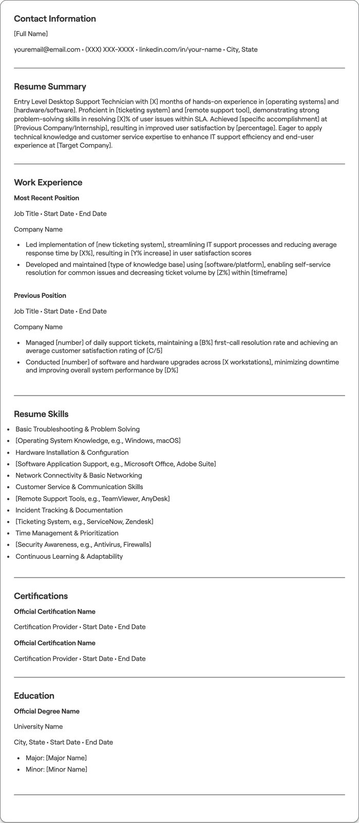 Entry Level Desktop Support resume example