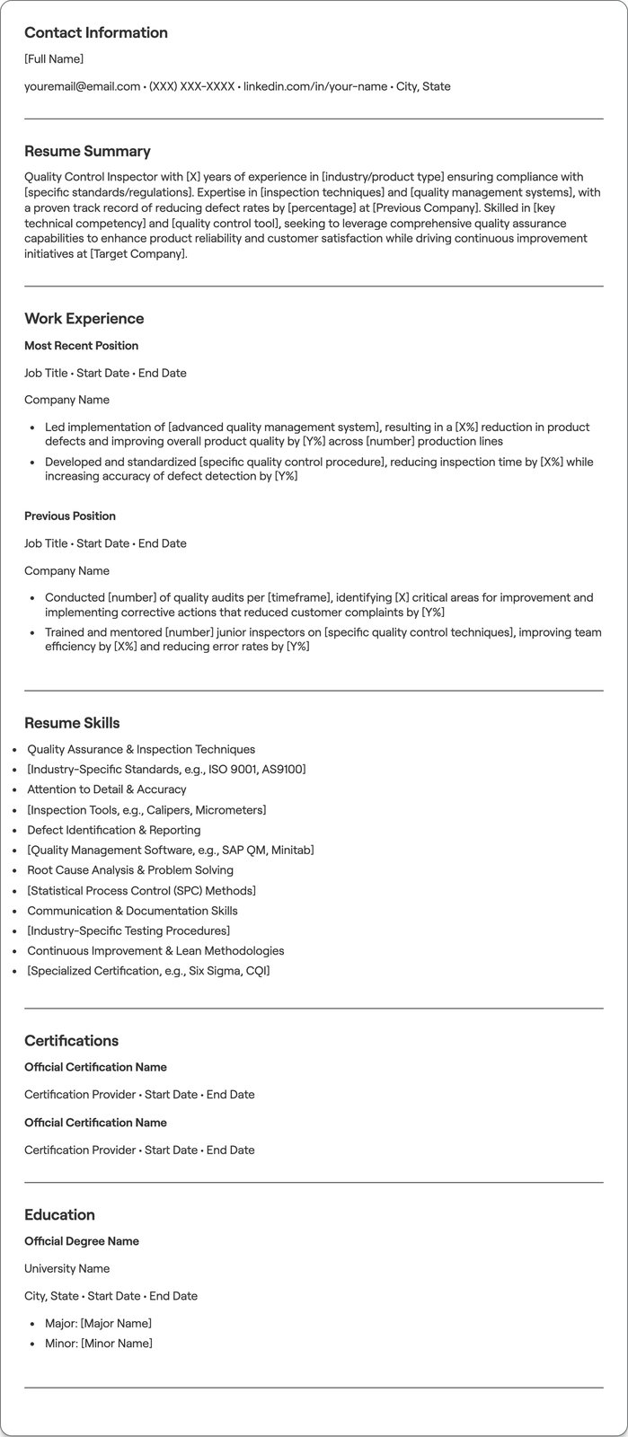 Quality Control Inspector resume example