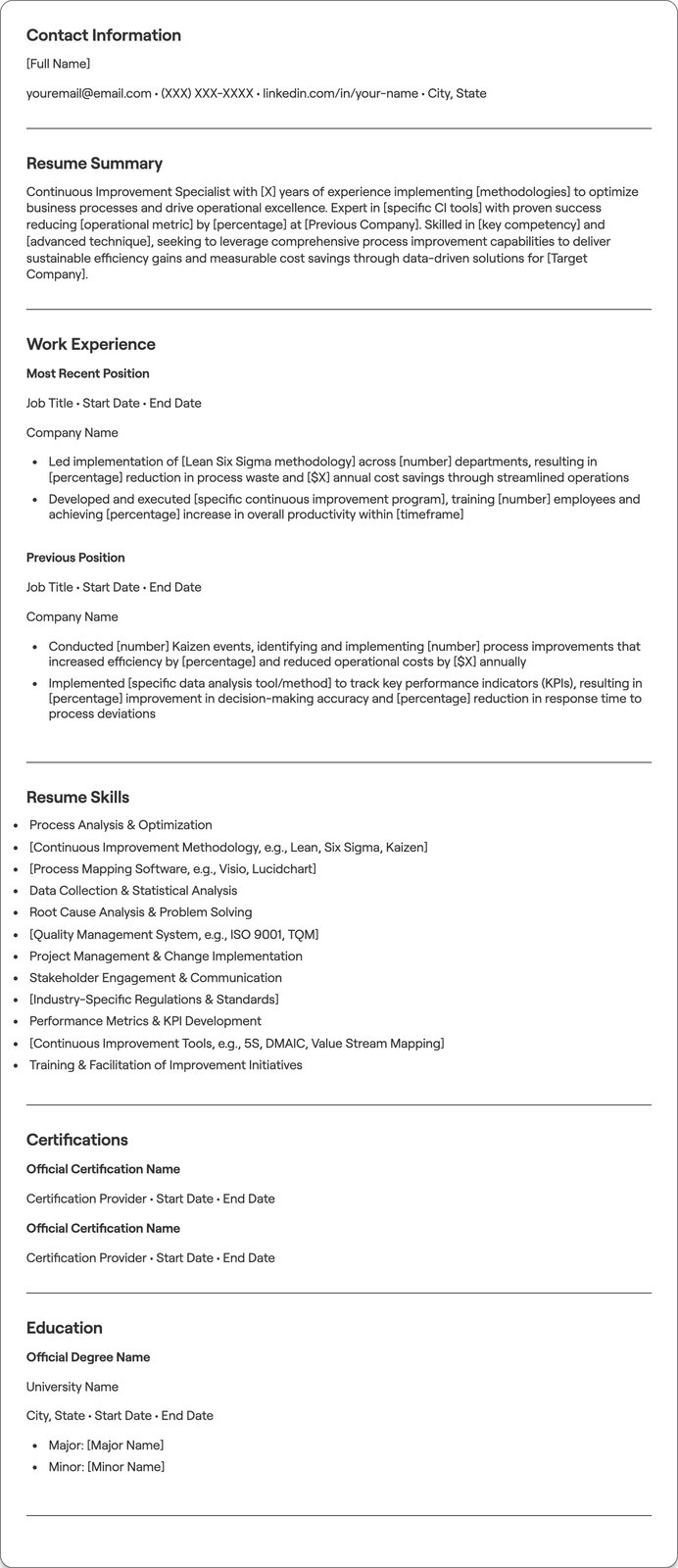 Continuous Improvement Specialist resume example