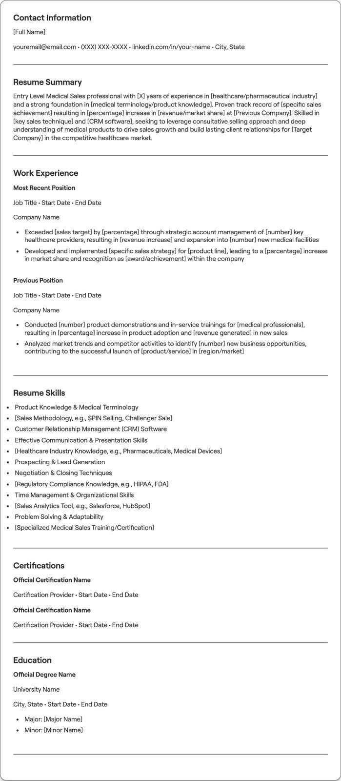 Entry Level Medical Sales resume example