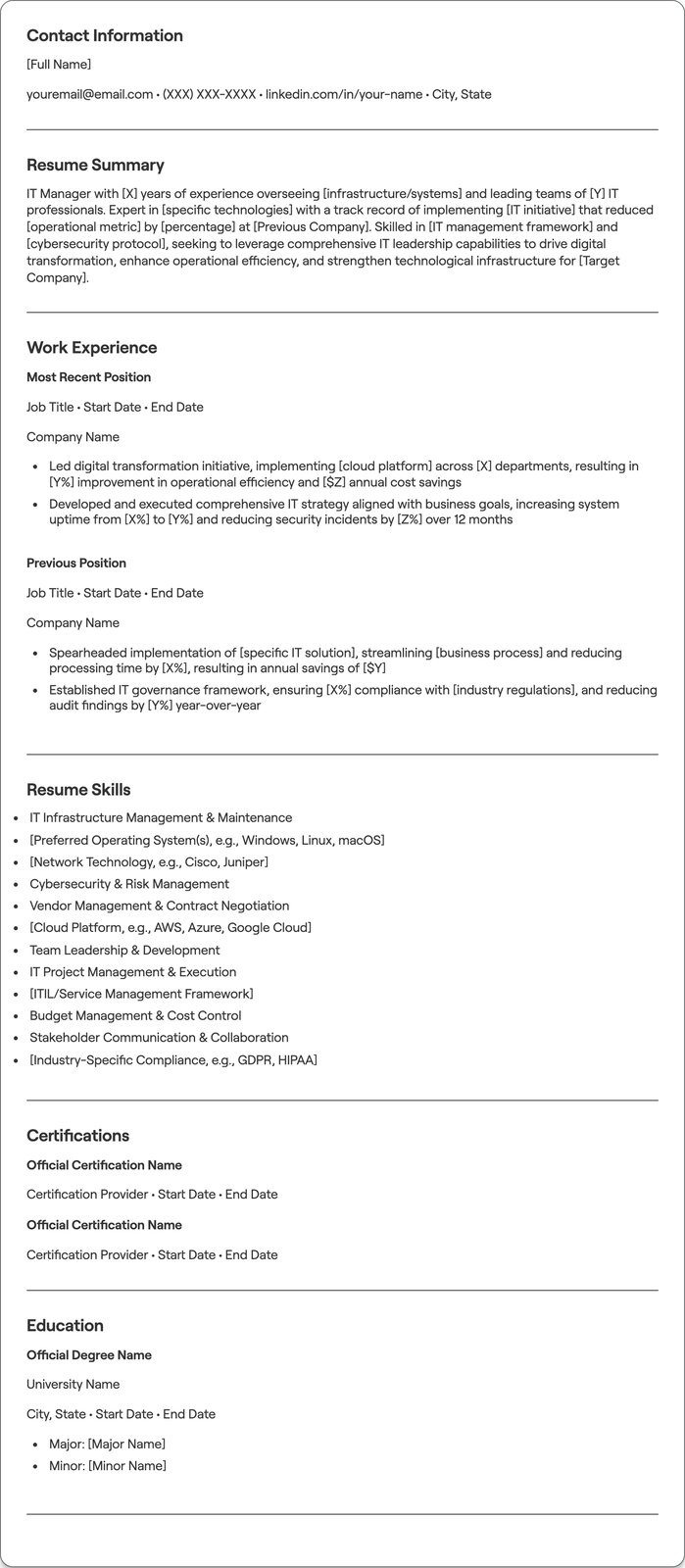 IT Manager resume example