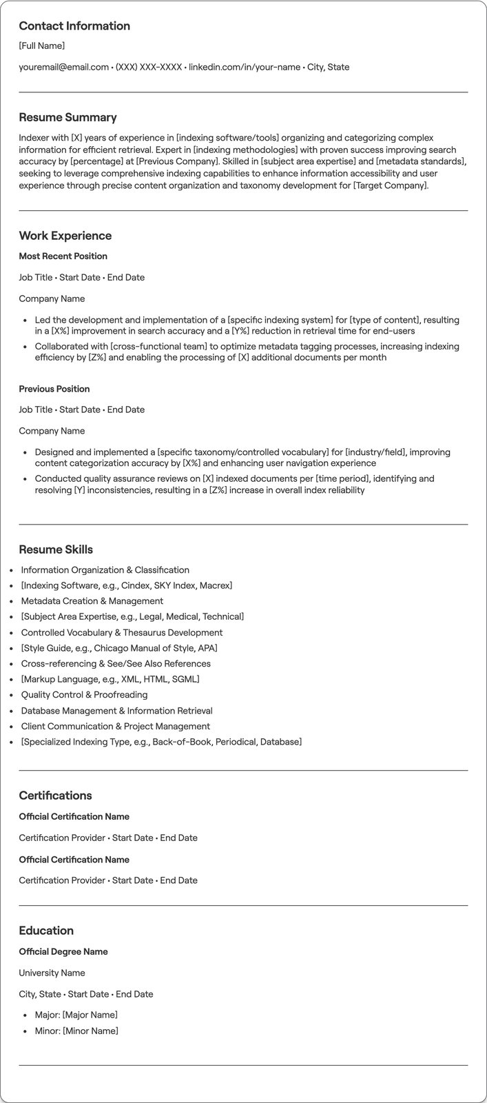 Indexer resume example