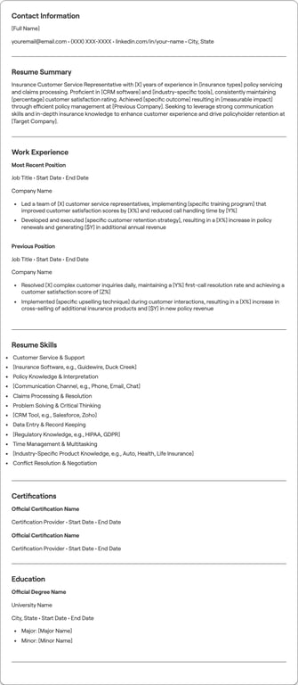 Insurance Customer Service Representative resume preview