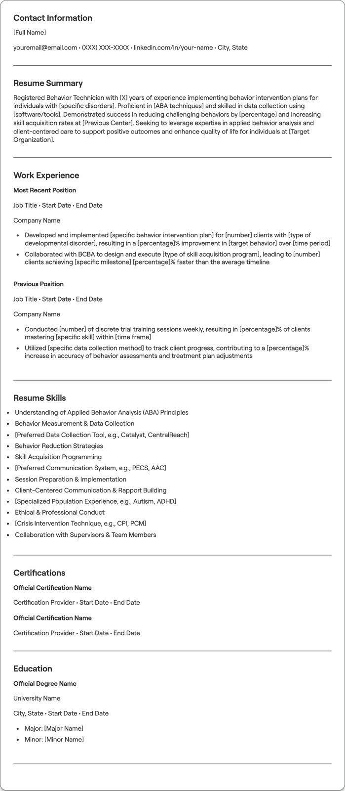 Registered Behavior Technician resume example