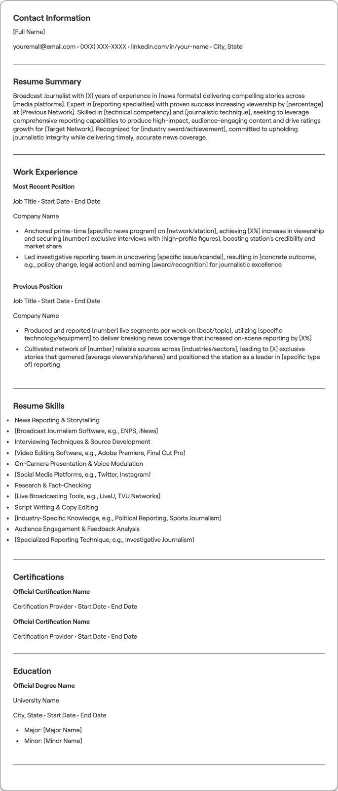 Broadcast Journalist resume example