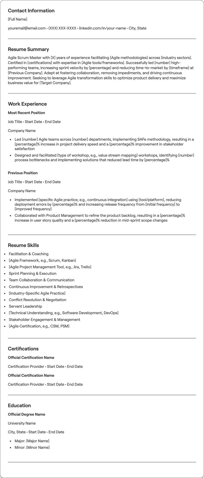 Agile Scrum Master resume example