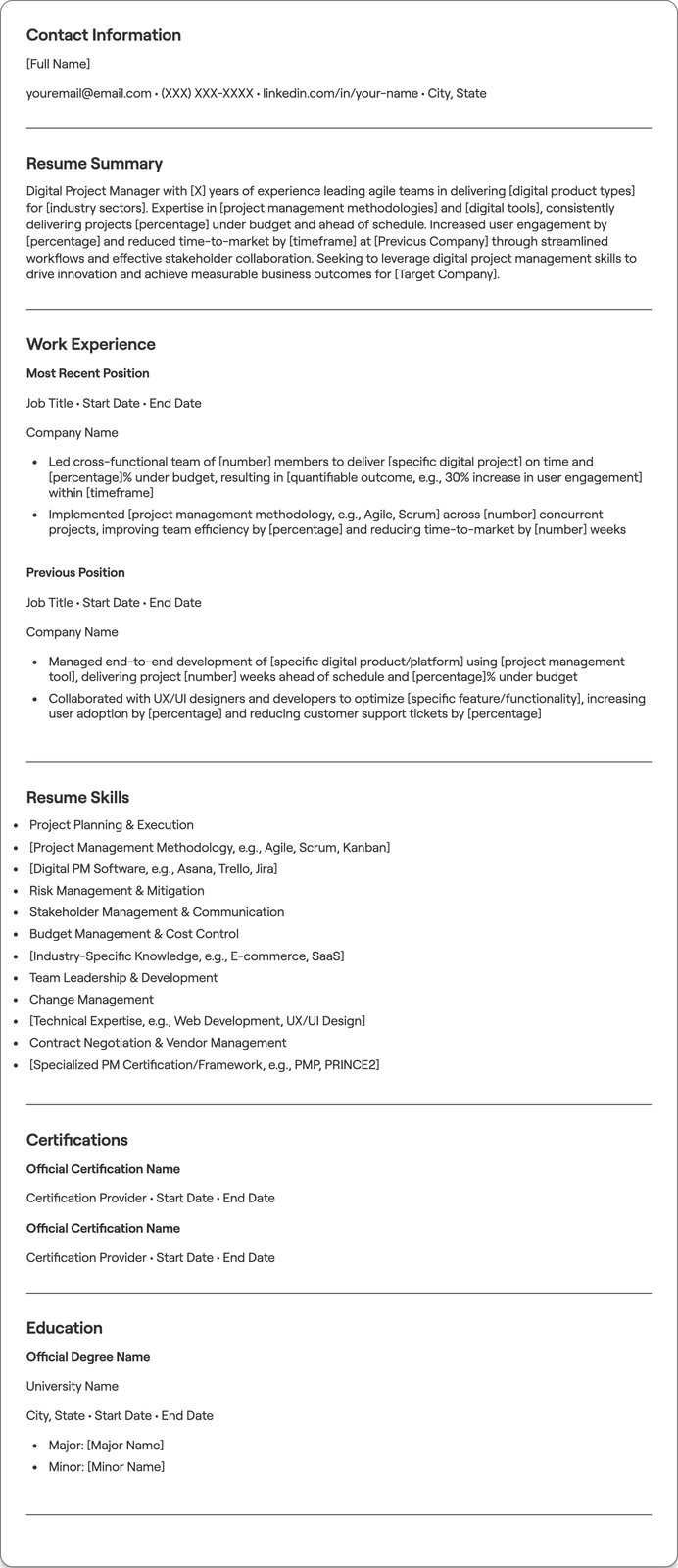 Digital Project Manager resume example