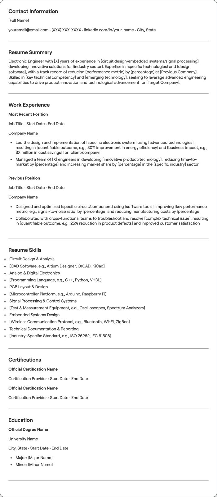Electronic Engineer resume example